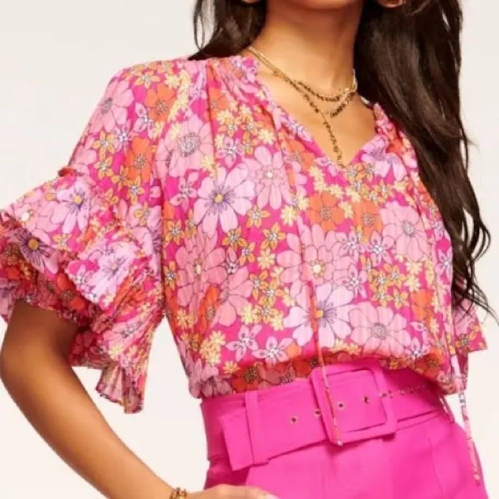 Ramy Brook Women's Eugenia Floral Ruffle Tie Neck Boho Blouse Pink Medium NWOT